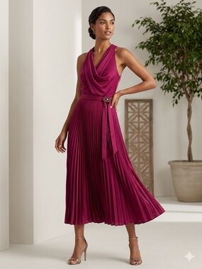 Ralph Lauren Sleeveless Pleated Midi Dress in Berry